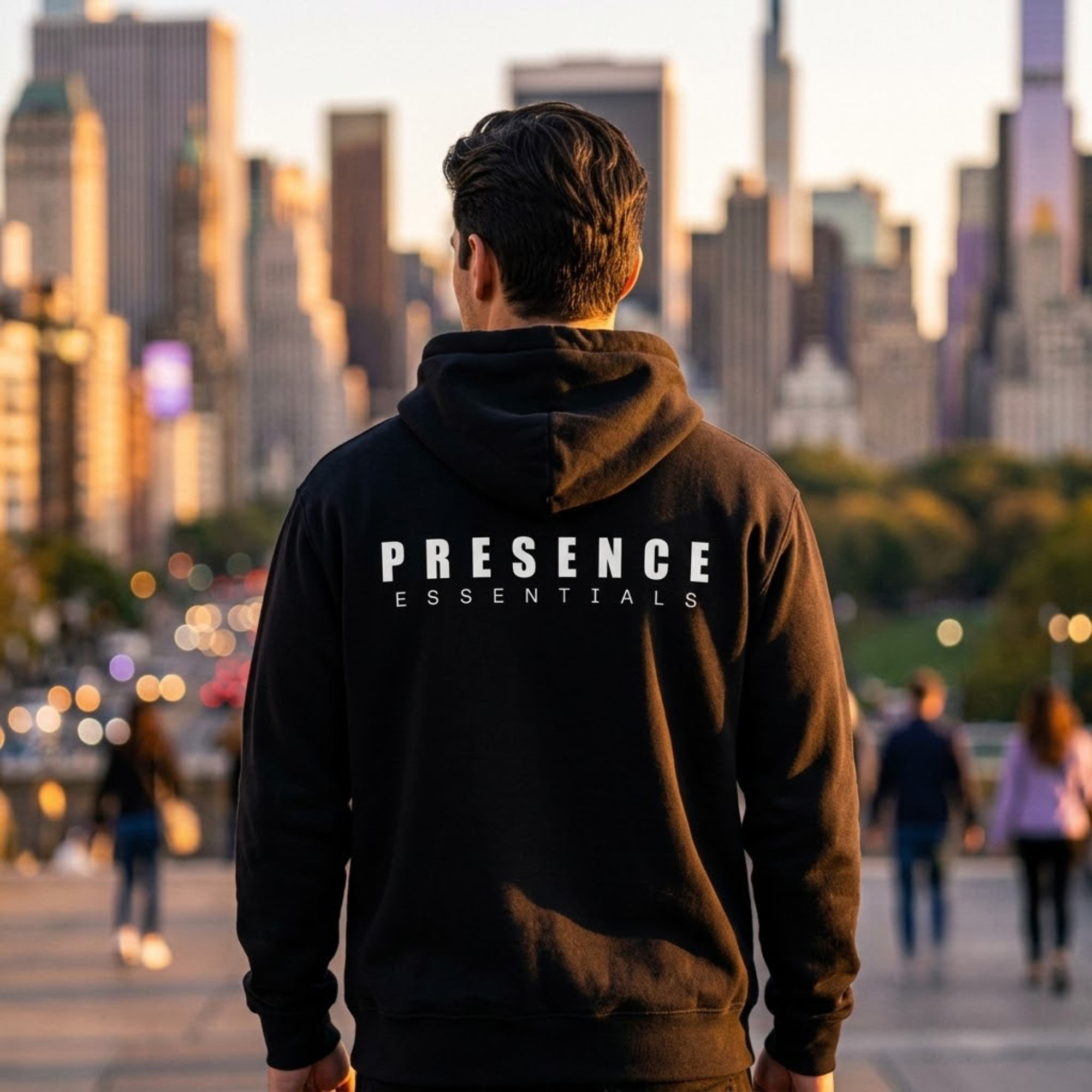 Back view of a model wearing the black Presence Essentials French Terry hoodie featuring a minimalist white graphic logo and urban city backdrop.
