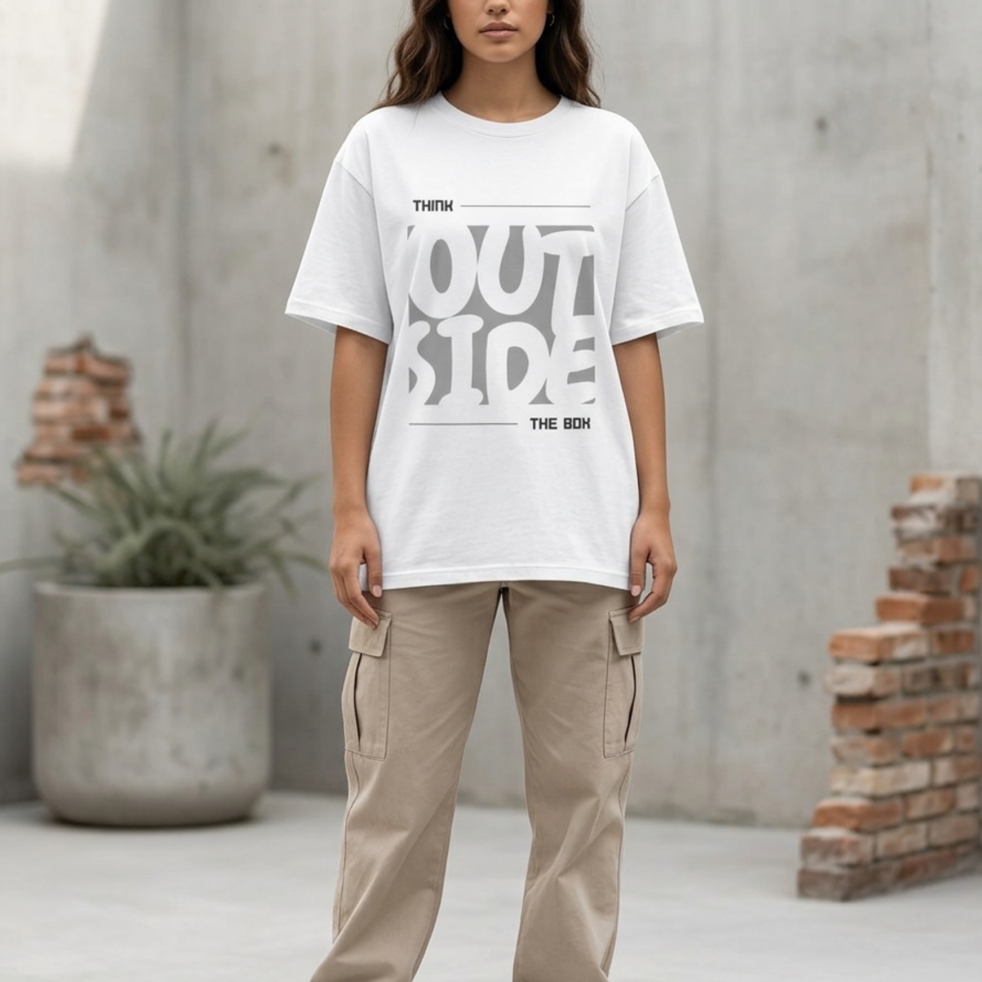 Model wearing a white oversized graphic t-shirt featuring the phrase "Think Outside the Box" paired with beige cargo pants in a minimalist urban setting.